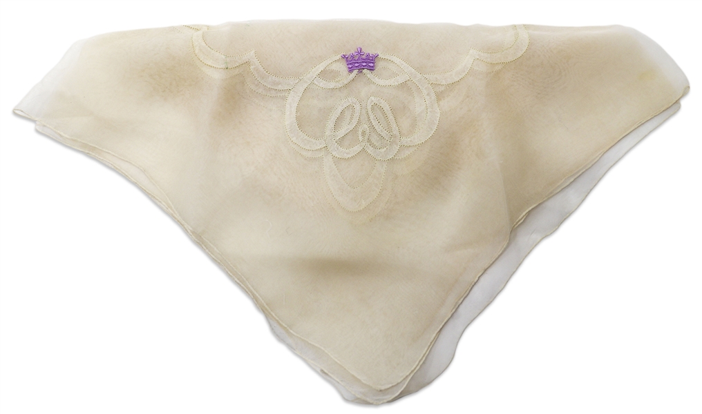 Wallis Simpson, the Duchess of Windsor Owned Silk Handkerchief With a Crown Embroidered in Violet